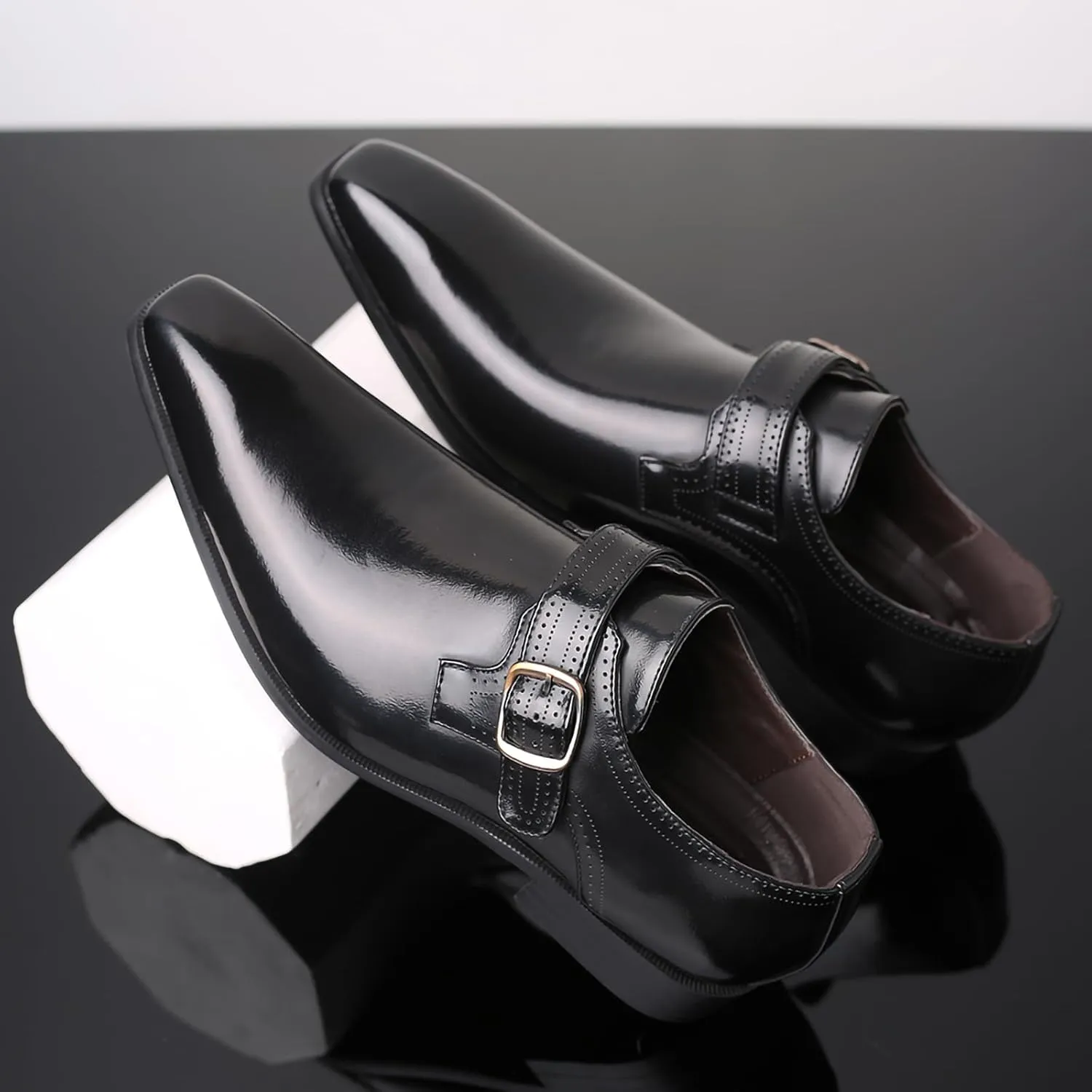 Men's Dress Cap Toe Shoes Monk Slip On Loafers Stylish and Comfort Patent PU Leather Business Low Casual Urban Commuting Shoes