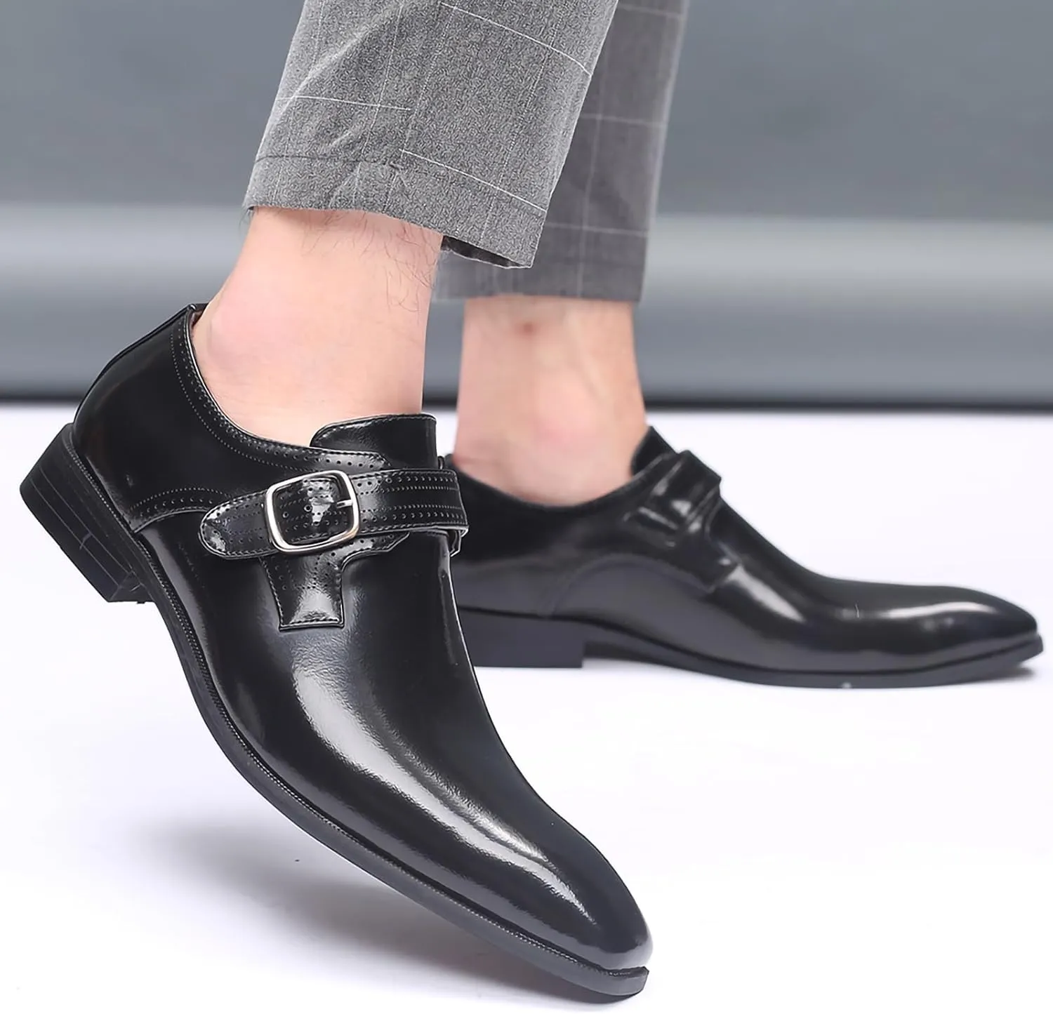Men's Dress Cap Toe Shoes Monk Slip On Loafers Stylish and Comfort Patent PU Leather Business Low Casual Urban Commuting Shoes