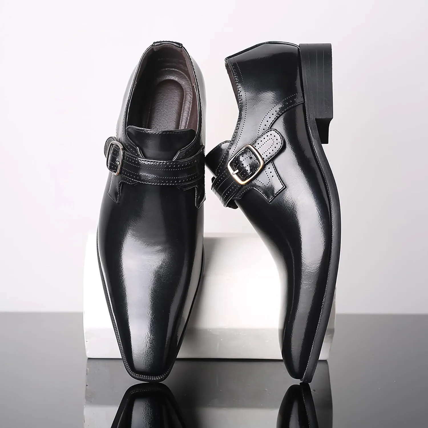 Men's Dress Cap Toe Shoes Monk Slip On Loafers Stylish and Comfort Patent PU Leather Business Low Casual Urban Commuting Shoes