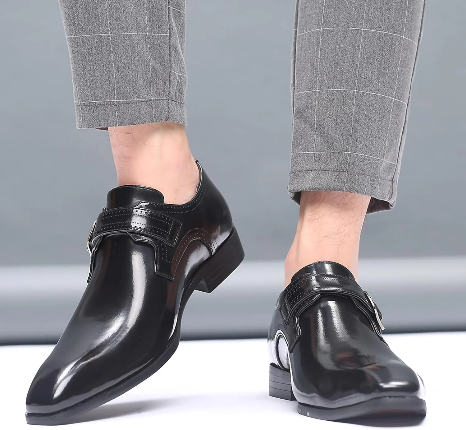 Men's Dress Cap Toe Shoes Monk Slip On Loafers Stylish and Comfort Patent PU Leather Business Low Casual Urban Commuting Shoes
