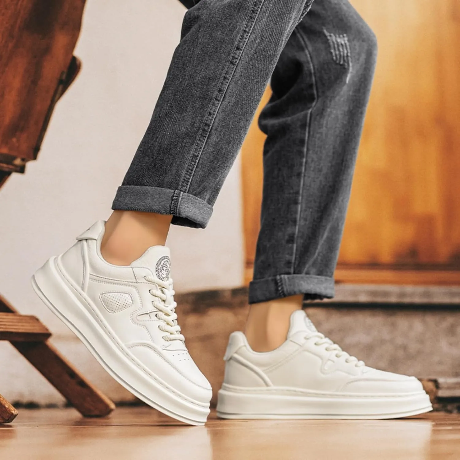 Mens Fashion Lace-Up Platform Sneakers Round Toe Low-Top Non Slip Casual Chunky Shoes for Gym Sports Tennis Jogging Running Walking
