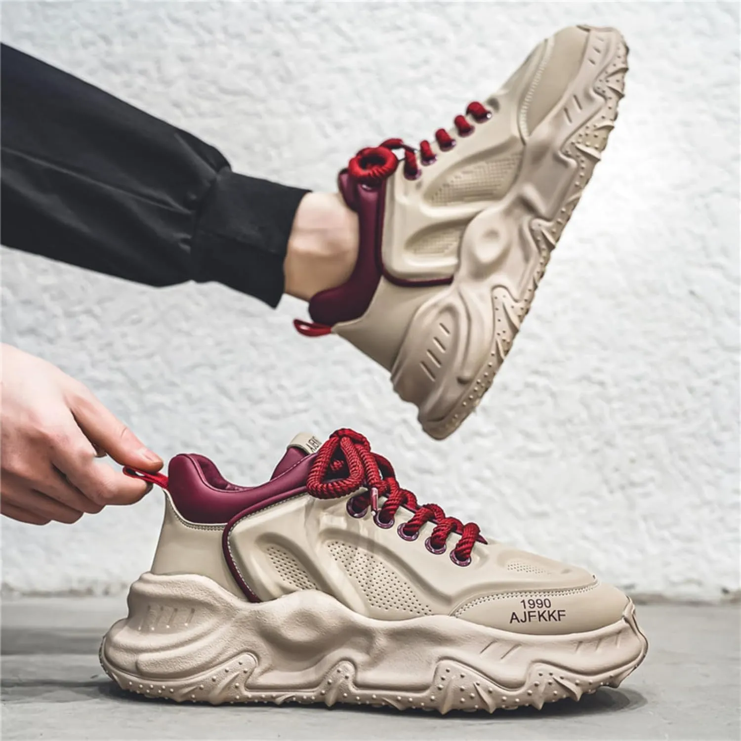 Men's Fashion Leather Lace Up Platform Sneakers Classic Round Toe Non-Slip Chunky Sport Shoes Tennis Driving Walking Shoes