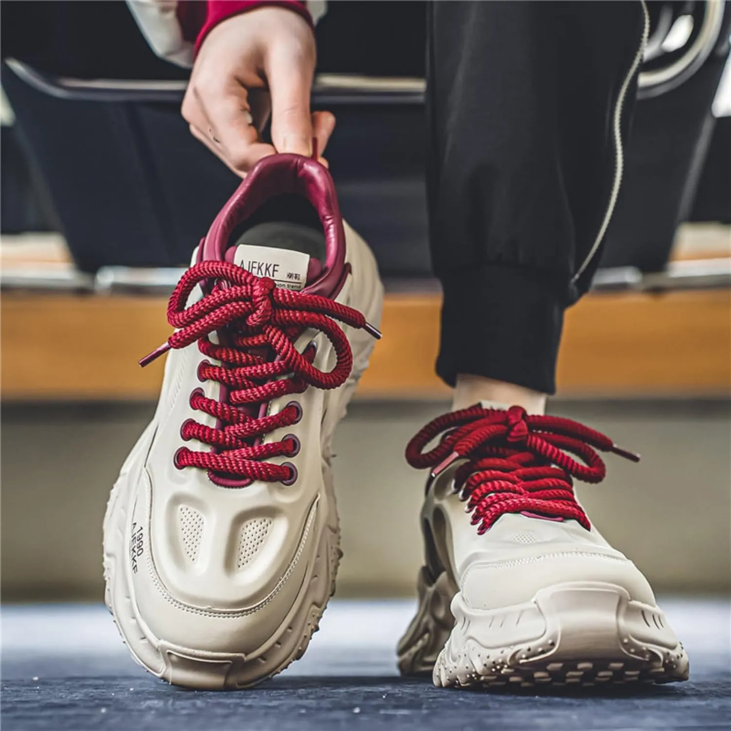 Men's Fashion Leather Lace Up Platform Sneakers Classic Round Toe Non-Slip Chunky Sport Shoes Tennis Driving Walking Shoes