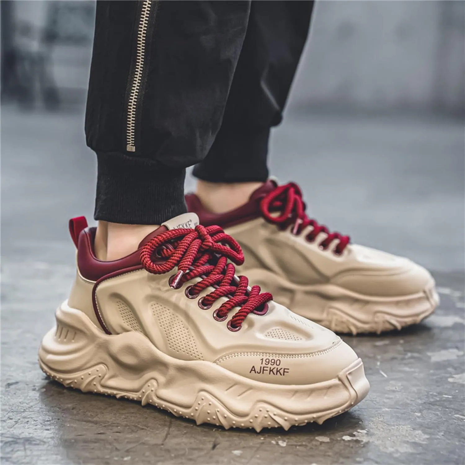 Men's Fashion Leather Lace Up Platform Sneakers Classic Round Toe Non-Slip Chunky Sport Shoes Tennis Driving Walking Shoes