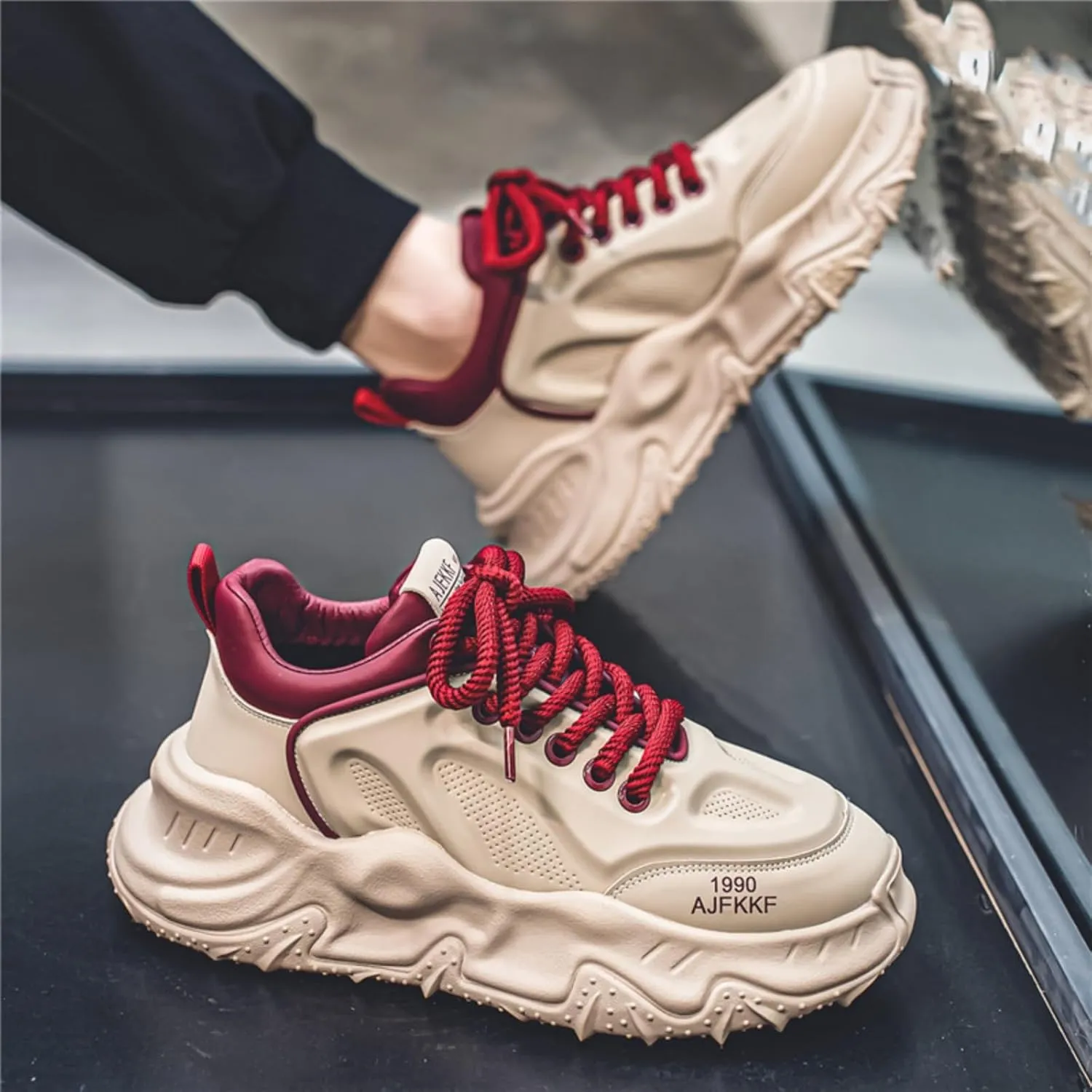 Men's Fashion Leather Lace Up Platform Sneakers Classic Round Toe Non-Slip Chunky Sport Shoes Tennis Driving Walking Shoes