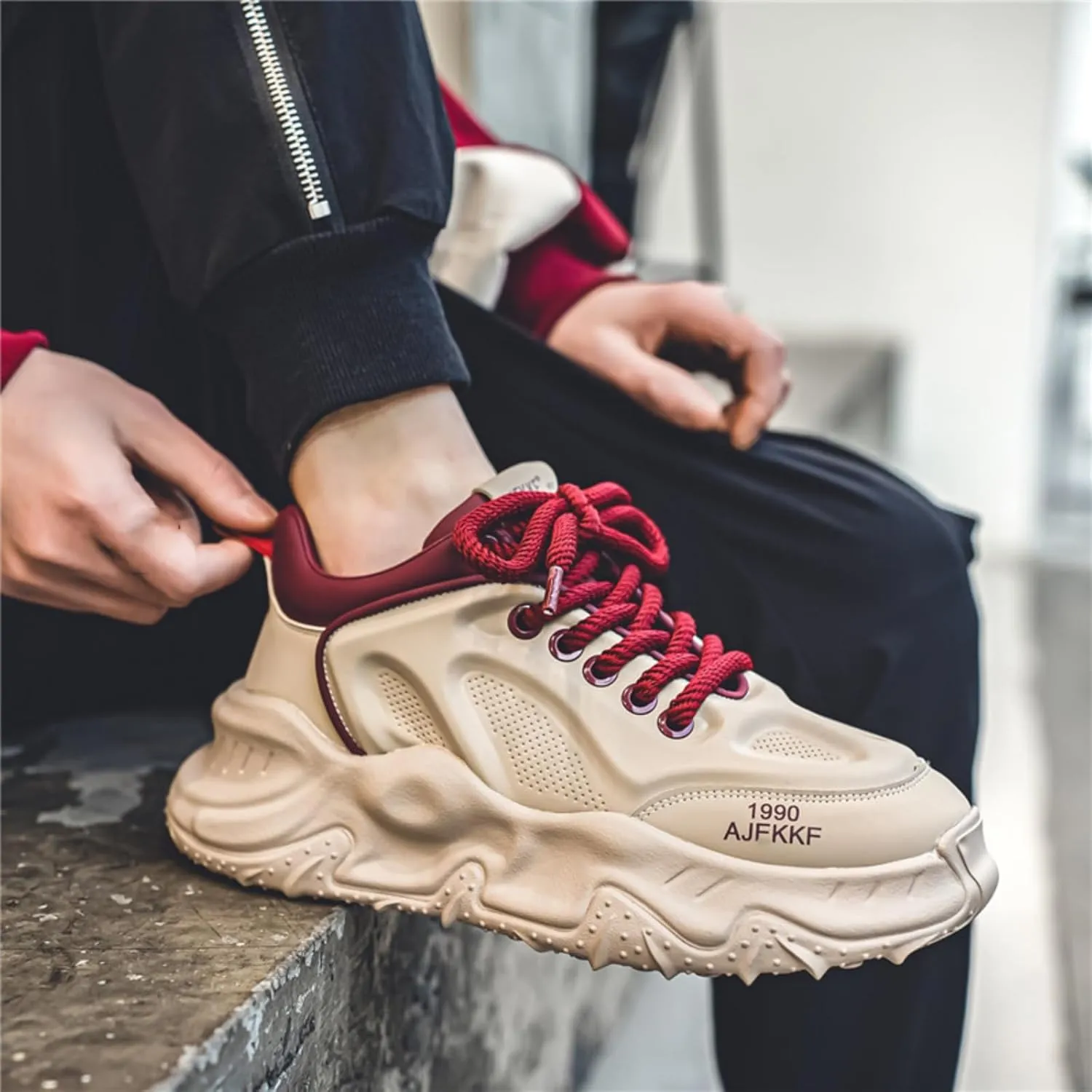 Men's Fashion Leather Lace Up Platform Sneakers Classic Round Toe Non-Slip Chunky Sport Shoes Tennis Driving Walking Shoes