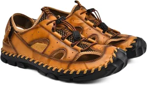 Mens Hiking Sandals Closed Toe Walking Sandals Sport Outdoor Breathable Trekking Athletic Sandals Leather Summer Beach Shoes