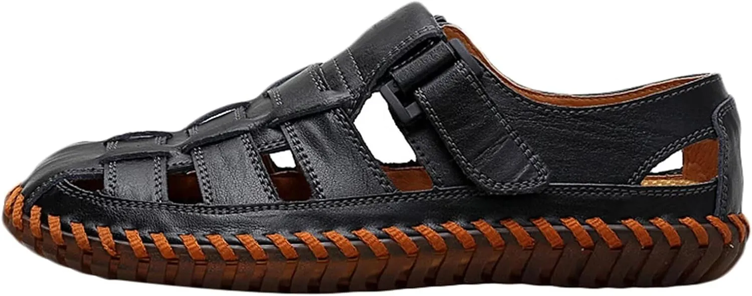Mens Leather Hiking Sandals Closed Toe Walking Sandals Sports Outdoors Breathable Trekking Athletic Sandals Summer Beach Shoes