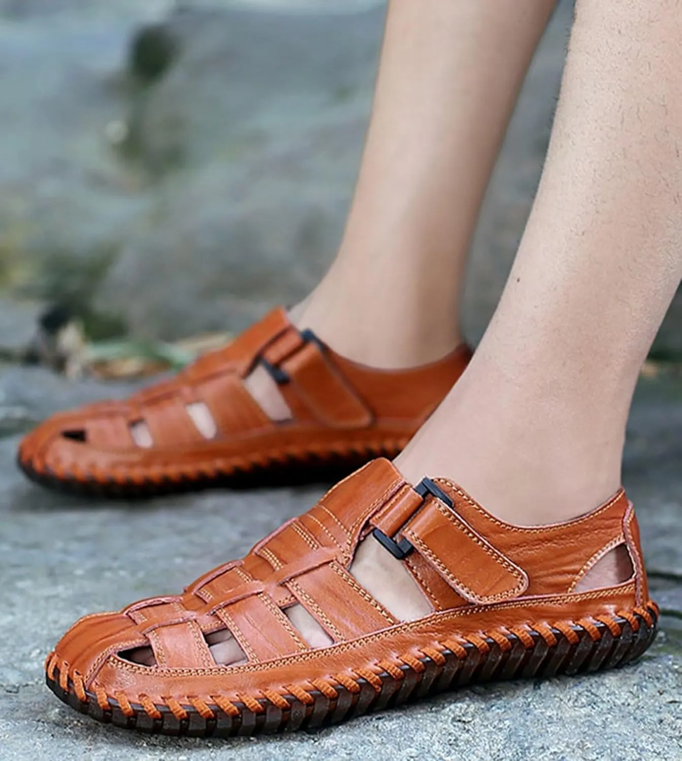 Mens Leather Hiking Sandals Closed Toe Walking Sandals Sports Outdoors Breathable Trekking Athletic Sandals Summer Beach Shoes