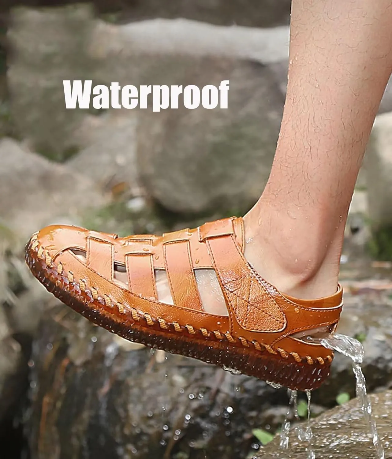 Mens Leather Hiking Sandals Closed Toe Walking Sandals Waterproof Sports Outdoor Trekking Sandals Summer Beach Shoes