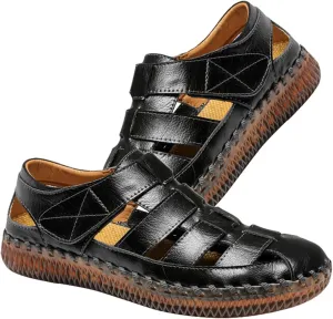 Mens Leather Hiking Sandals Closed Toe Walking Sandals Waterproof Sports Outdoor Trekking Sandals Summer Beach Shoes