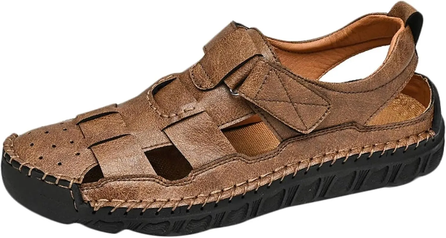 Men's Leather Sandals Beach Hiking Sandals Summer Comfortable Trekking Shoes Outdoor Closed Toe Sandals Walking Sandals