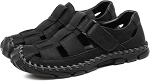 Mens Leather Sandals Casual Fisherman Summer Closed Toe Sandals Driving Hiking Trekking Walking Sandals Non-Slip Beach Shoes