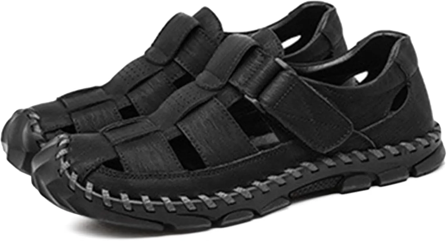 Mens Leather Sandals Casual Fisherman Summer Closed Toe Sandals Driving Hiking Trekking Walking Sandals Non-Slip Beach Shoes