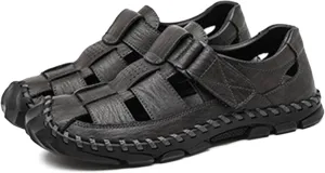 Mens Leather Sandals Casual Fisherman Summer Closed Toe Sandals Driving Hiking Trekking Walking Sandals Non-Slip Beach Shoes