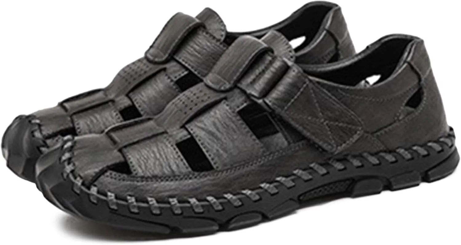 Mens Leather Sandals Casual Fisherman Summer Closed Toe Sandals Driving Hiking Trekking Walking Sandals Non-Slip Beach Shoes