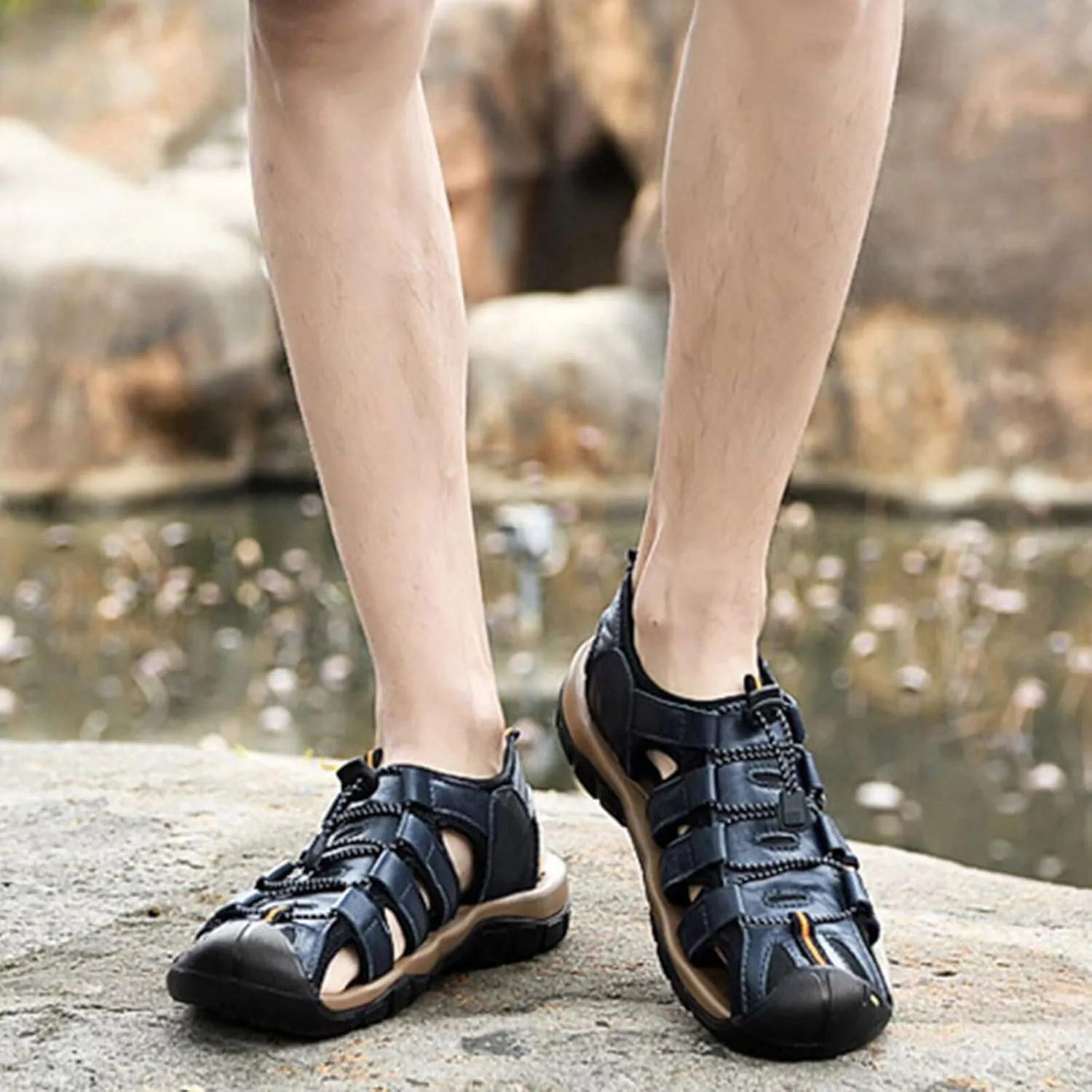 Men's Leather Sandals Closed Toe Beach Outdoor Summer Sport Hiking Sandals Waterproof Fisherman Shoes Adjustable
