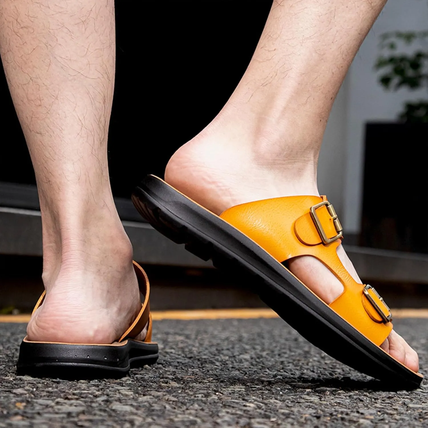 Men's Leather Slip-On Sandals Retro Two-Strap Buckle Design Anti-Slip Sole Comfortable Casual Slides for Walking Beach Indoor & Outdoor