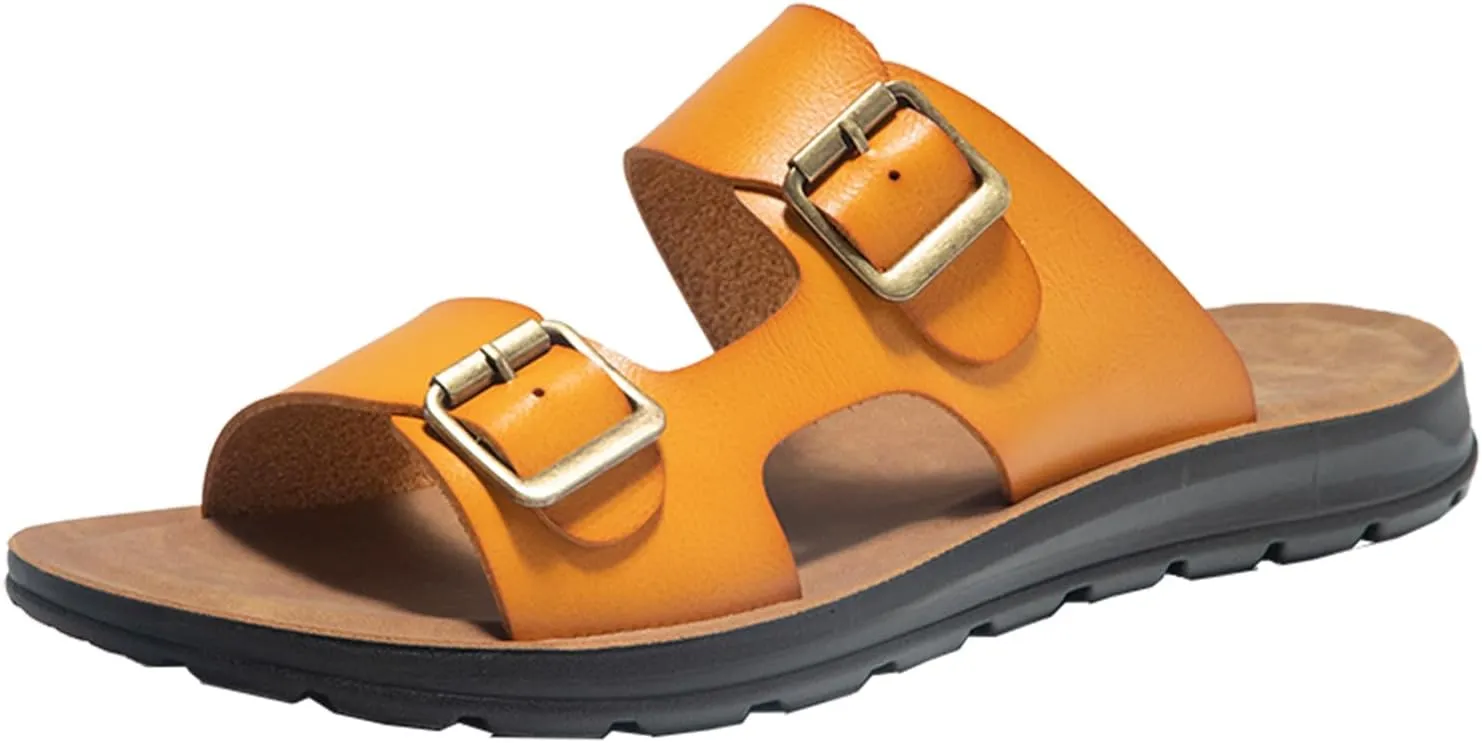 Men's Leather Slip-On Sandals Retro Two-Strap Buckle Design Anti-Slip Sole Comfortable Casual Slides for Walking Beach Indoor & Outdoor
