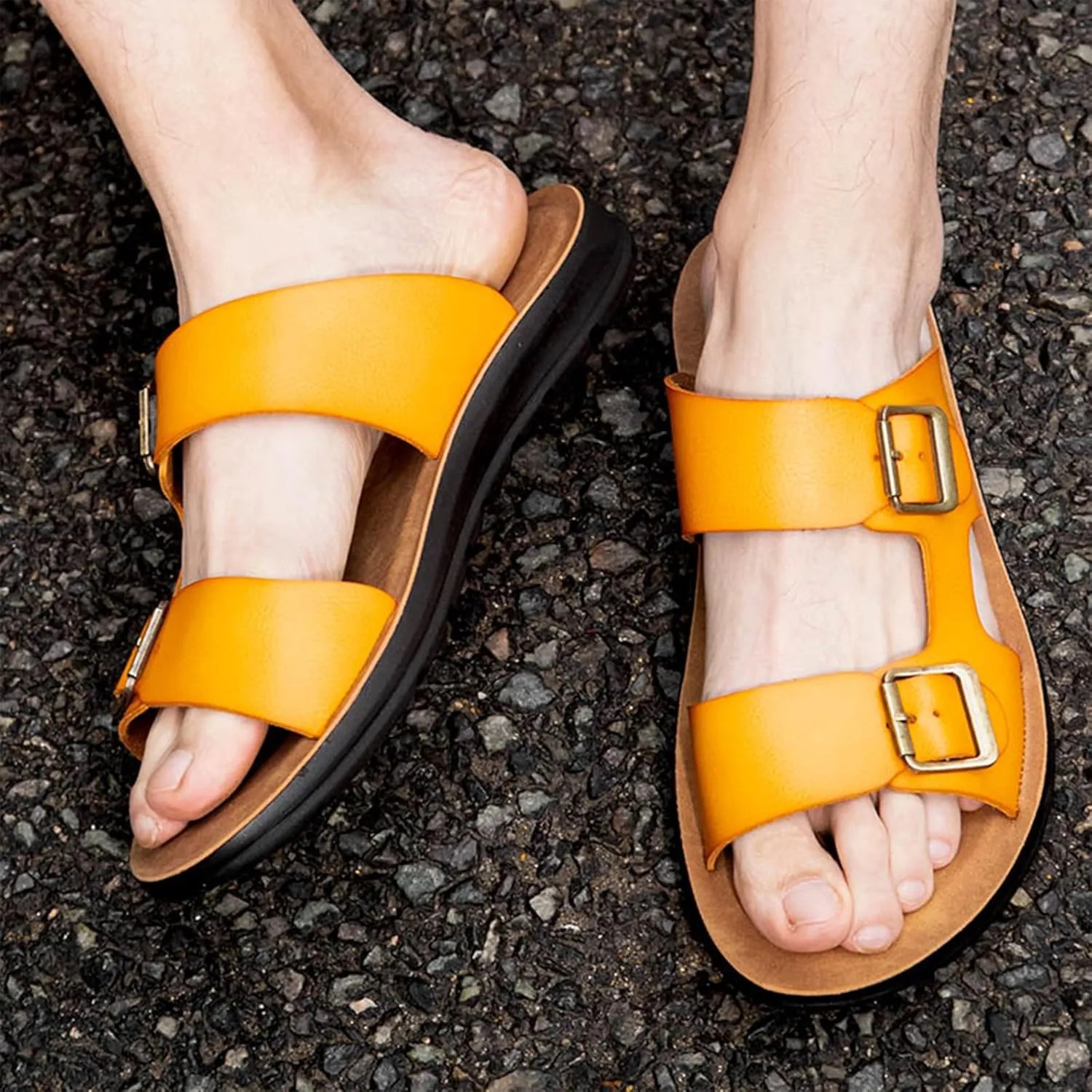 Men's Leather Slip-On Sandals Retro Two-Strap Buckle Design Anti-Slip Sole Comfortable Casual Slides for Walking Beach Indoor & Outdoor