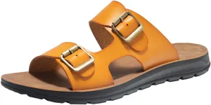 Men's Leather Slip-On Sandals Retro Two-Strap Buckle Design Anti-Slip Sole Comfortable Casual Slides for Walking Beach Indoor & Outdoor