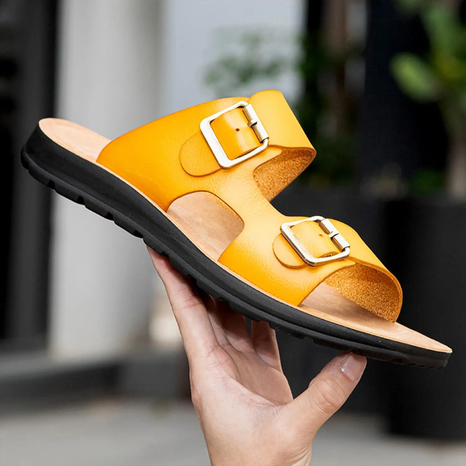 Men's Leather Slip-On Sandals Retro Two-Strap Buckle Design Anti-Slip Sole Comfortable Casual Slides for Walking Beach Indoor & Outdoor