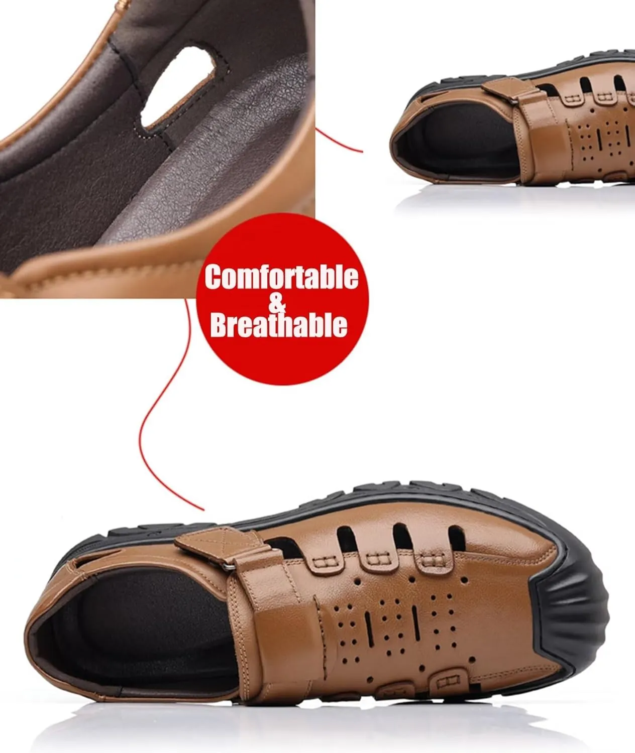 Mens Leather Sports Sandals Closed Toe Outdoor Beach Shoes Summer Sandals for Hiking Trekking Driving