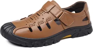 Mens Leather Sports Sandals Closed Toe Outdoor Beach Shoes Summer Sandals for Hiking Trekking Driving