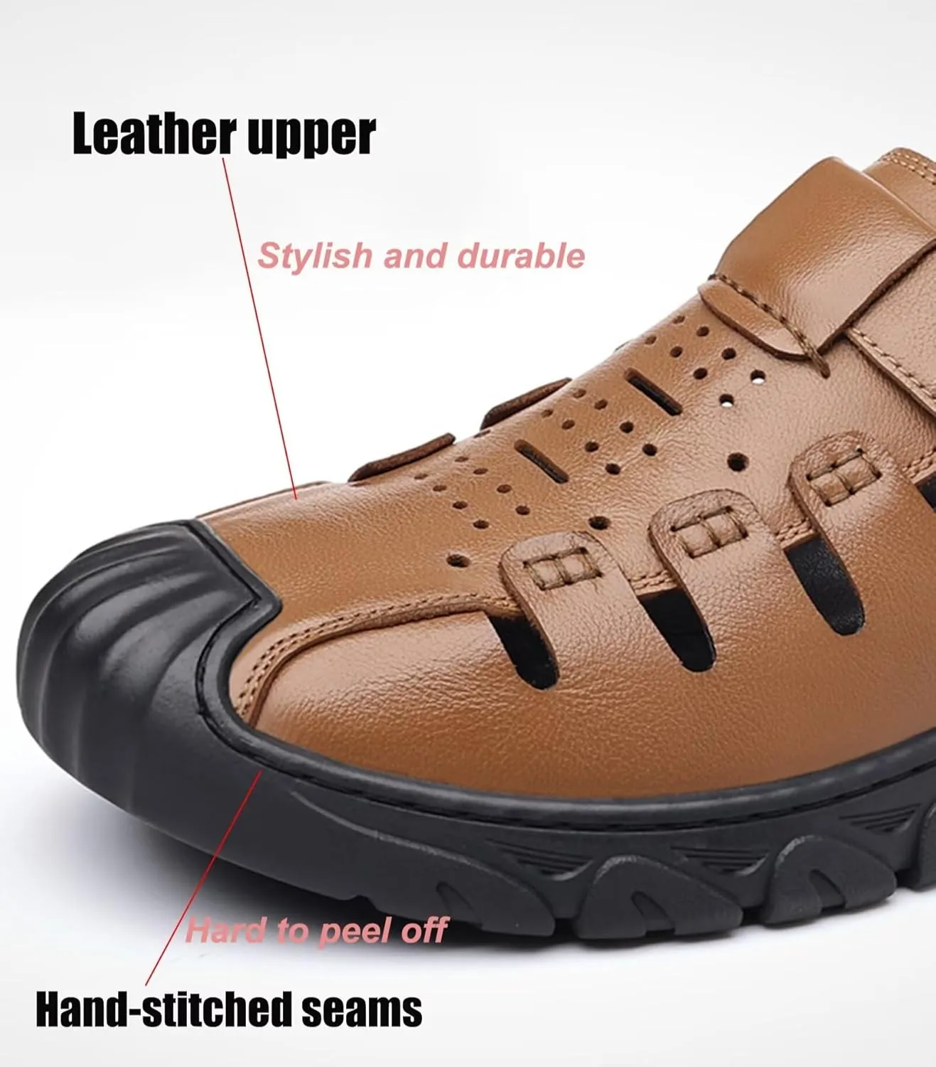 Mens Leather Sports Sandals Closed Toe Outdoor Beach Shoes Summer Sandals for Hiking Trekking Driving