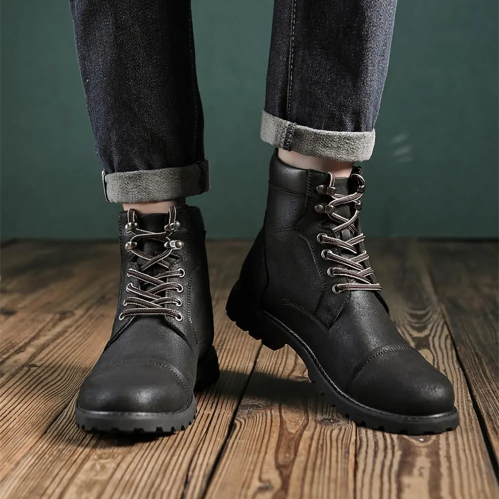 Men's Motorcycle Boots Black Platform Lace Up Combat Boots PU Leather Dress Boot for Business Casual