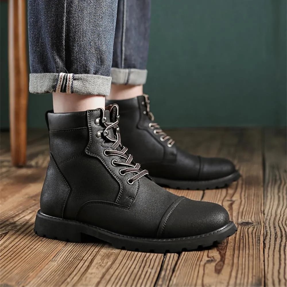 Men's Motorcycle Boots Black Platform Lace Up Combat Boots PU Leather Dress Boot for Business Casual