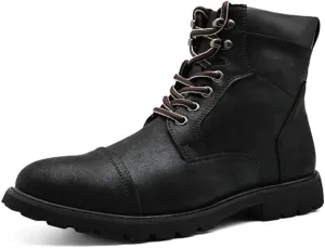 Men's Motorcycle Boots Black Platform Lace Up Combat Boots PU Leather Dress Boot for Business Casual