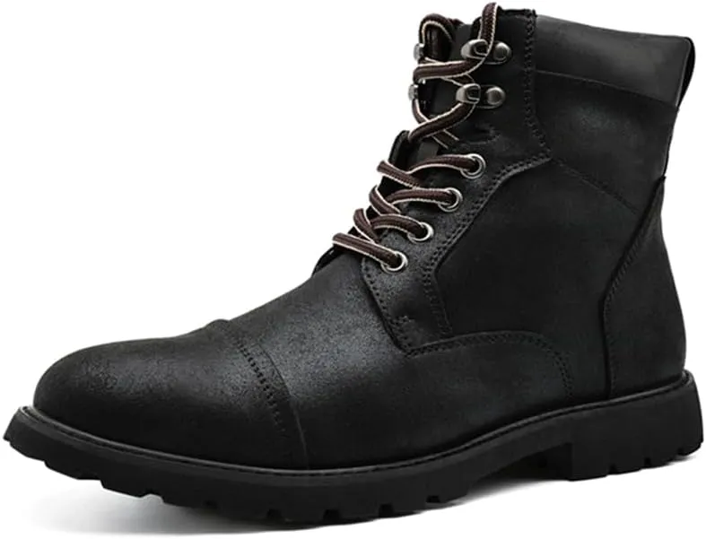 Men's Motorcycle Boots Black Platform Lace Up Combat Boots PU Leather Dress Boot for Business Casual