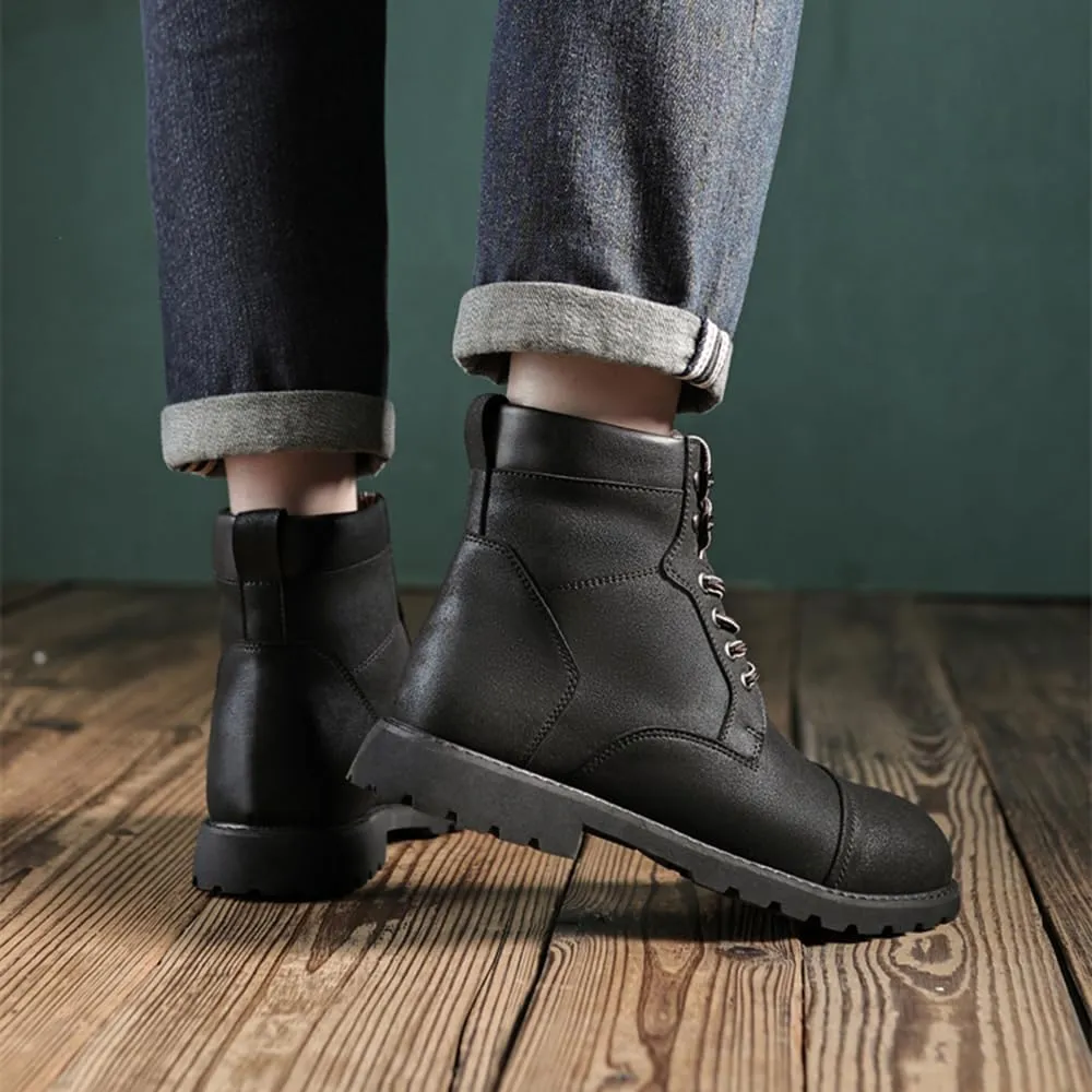 Men's Motorcycle Boots Black Platform Lace Up Combat Boots PU Leather Dress Boot for Business Casual