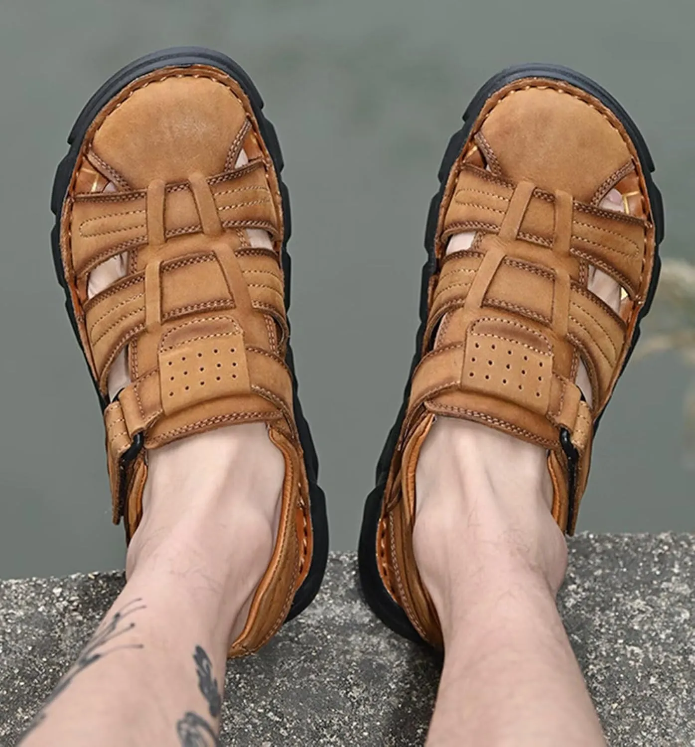 Men's Outdoor Closed Toe Sandals Athletic Sport Sandals Summer Beach Shoes Walking Hiking Trekking Driving Sandals Leather Fisherman Sandals