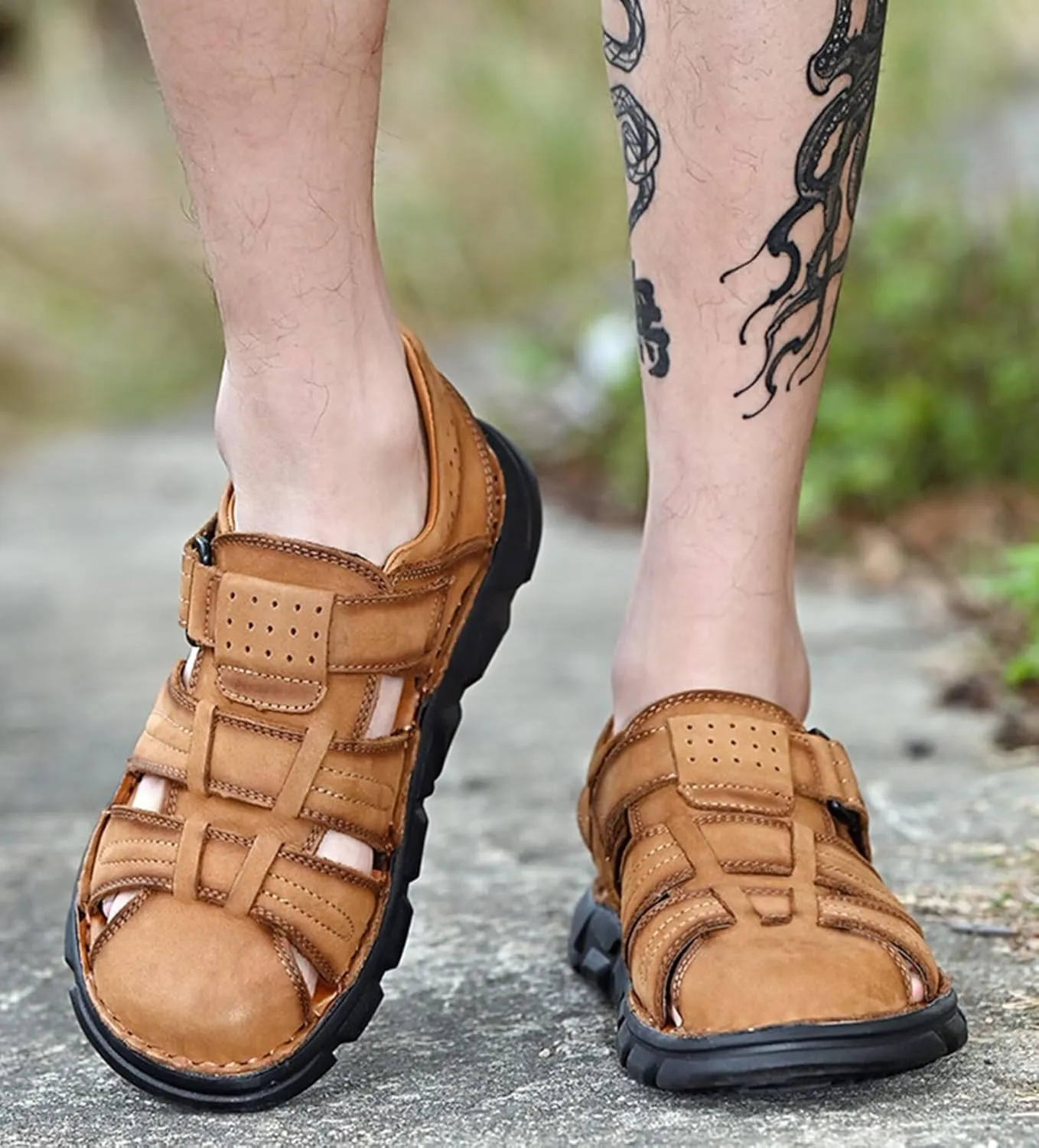 Men's Outdoor Closed Toe Sandals Athletic Sport Sandals Summer Beach Shoes Walking Hiking Trekking Driving Sandals Leather Fisherman Sandals