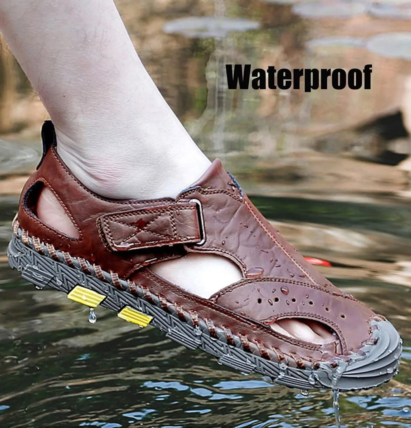 Men's Outdoor Leather Sandals Closed Toe Sandals Summer Beach Shoes Casual Trekking Hiking Walking Sandals Sports Sandals