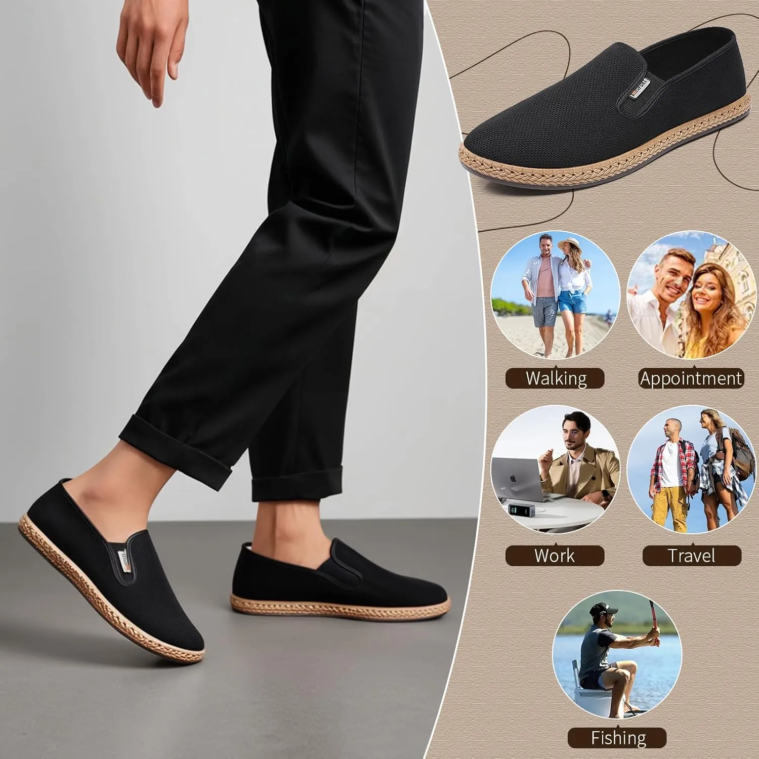Mens Slip on Canvas Loafers Casual Shoes Sneakers Comfy Walking Slipers Shoes Pain Relief for Men Black Fashion Breathable Loafers