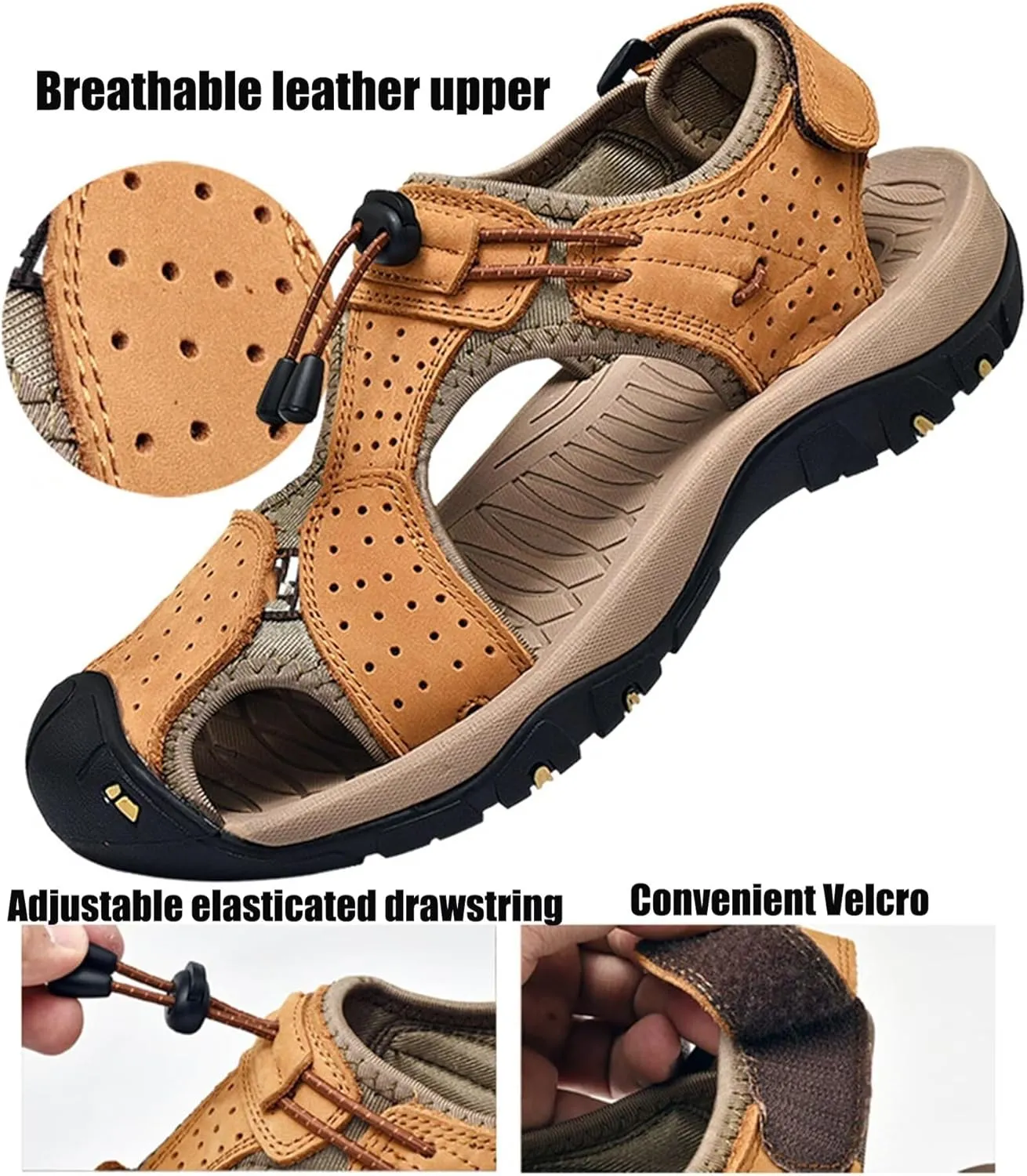 Men's Sports Hiking Sandals Adjustable Casual Athletic Fisherman Beach Sandals Summer Leather Closed Toe Sandals