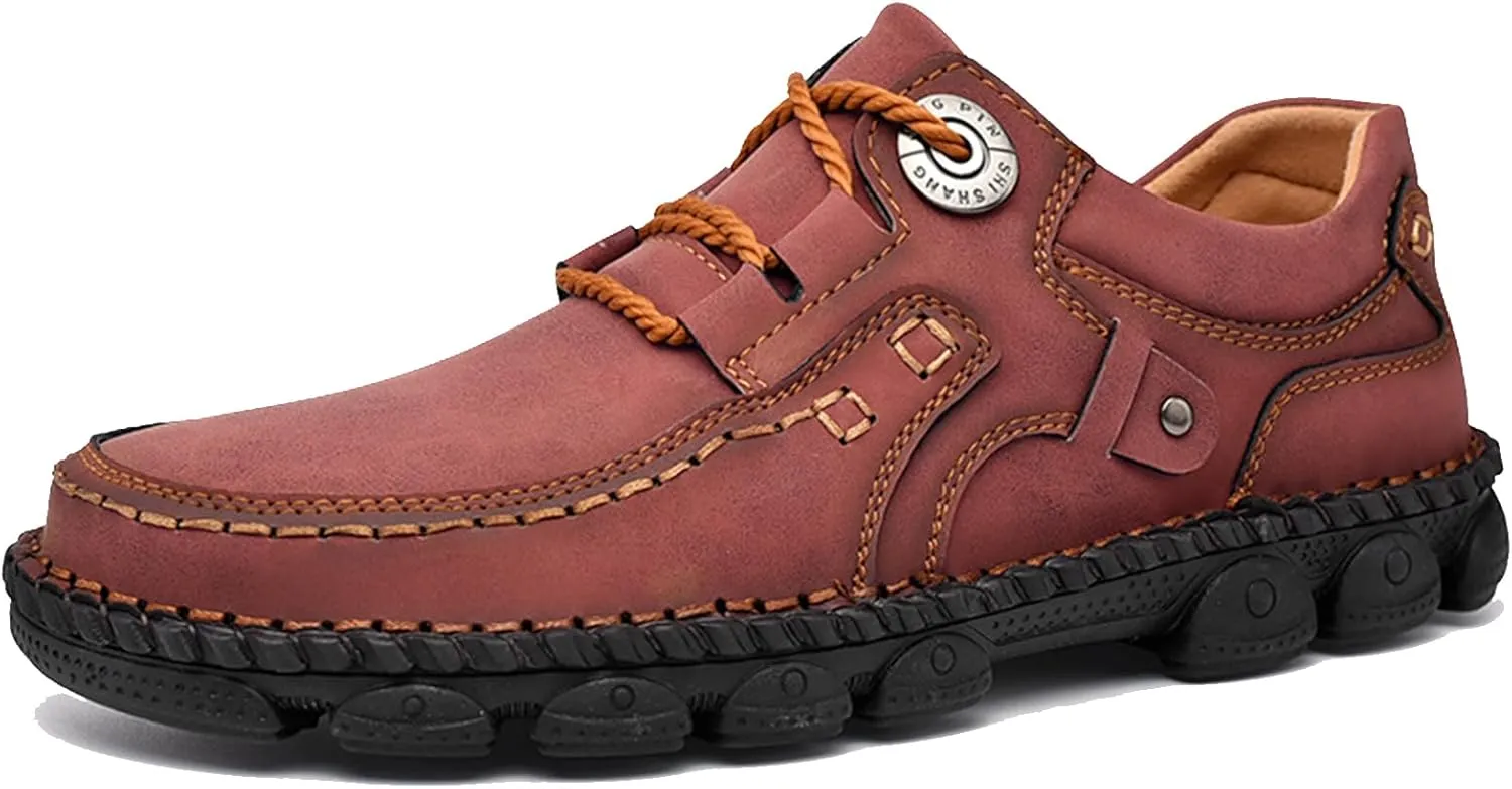 Men's Vintage Leather Casual Hiking Shoes Hand-Stitched Lace-Up Non-Slip Waterproof Sneakers Fashionable Comfortable Walking Driving Shoes