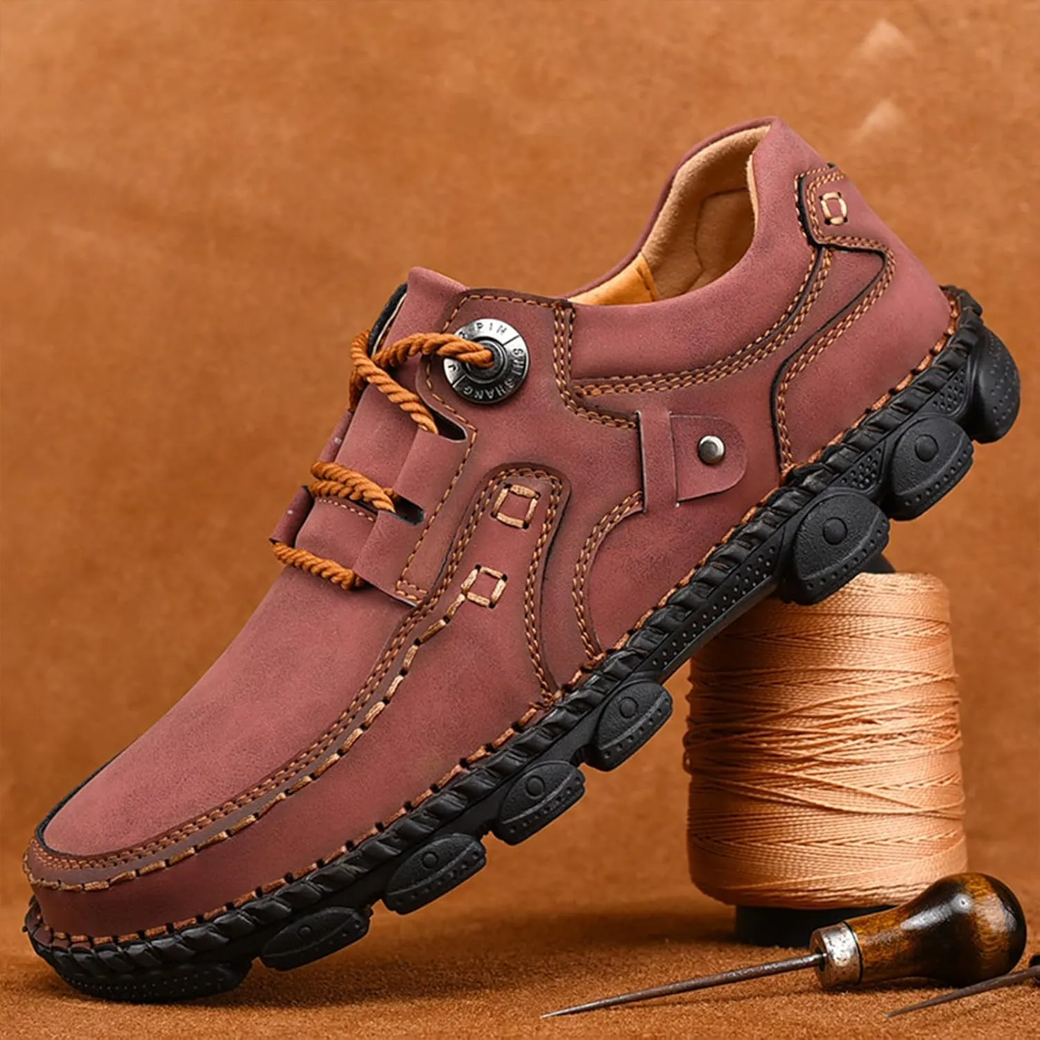 Men's Vintage Leather Casual Hiking Shoes Hand-Stitched Lace-Up Non-Slip Waterproof Sneakers Fashionable Comfortable Walking Driving Shoes
