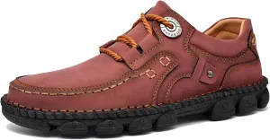 Men's Vintage Leather Casual Hiking Shoes Hand-Stitched Lace-Up Non-Slip Waterproof Sneakers Fashionable Comfortable Walking Driving Shoes
