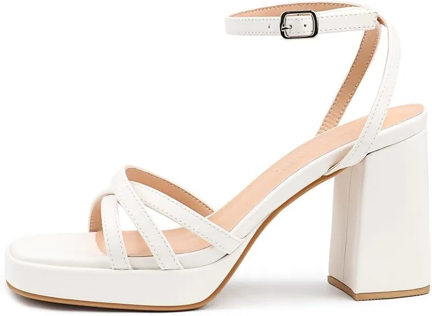 MERUMOTE Women's Summer Block Chunky Heels Classic Square Open Toe Sandals Ankle Strap Shoes For Wedding Party