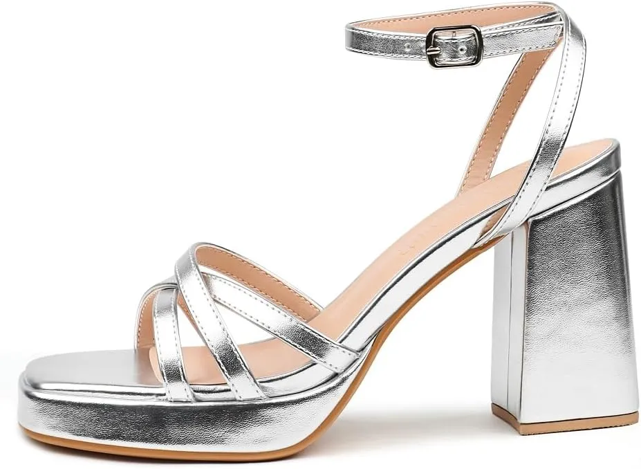MERUMOTE Women's Summer Block Chunky Heels Classic Square Open Toe Sandals Ankle Strap Shoes For Wedding Party