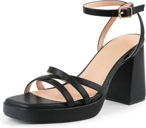 MERUMOTE Women's Summer Block Chunky Heels Classic Square Open Toe Sandals Ankle Strap Shoes For Wedding Party