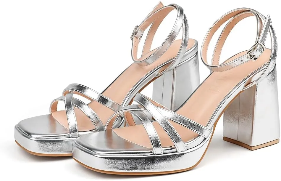MERUMOTE Women's Summer Block Chunky Heels Classic Square Open Toe Sandals Ankle Strap Shoes For Wedding Party