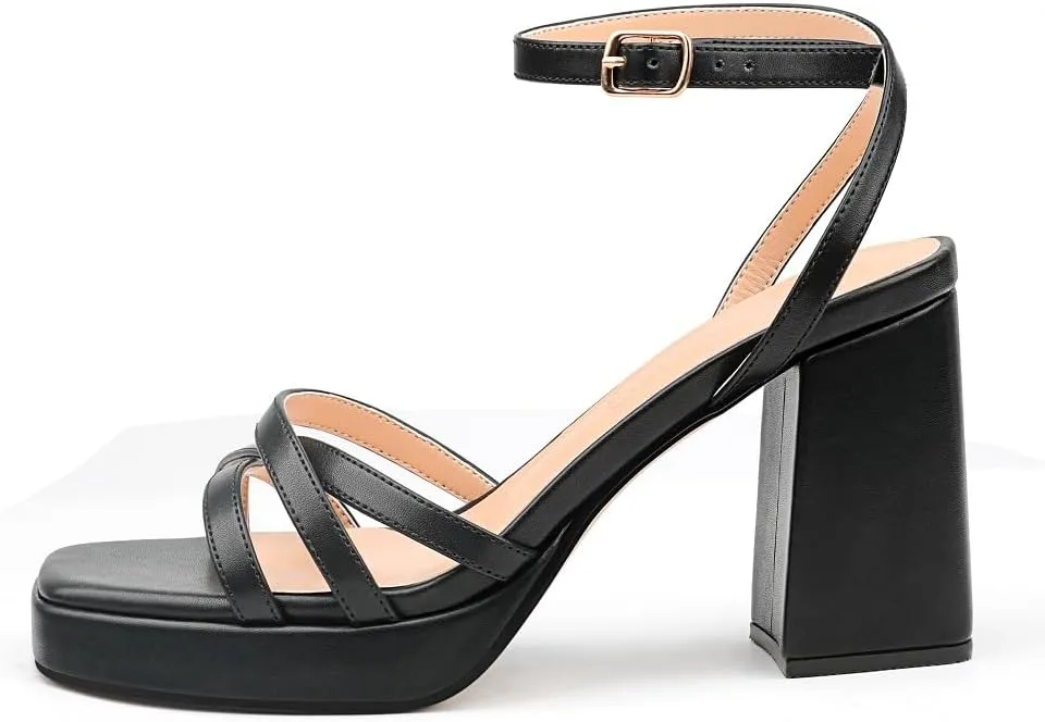 MERUMOTE Women's Summer Block Chunky Heels Classic Square Open Toe Sandals Ankle Strap Shoes For Wedding Party