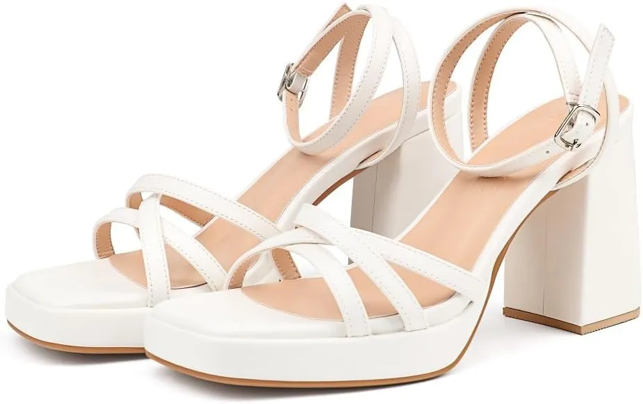 MERUMOTE Women's Summer Block Chunky Heels Classic Square Open Toe Sandals Ankle Strap Shoes For Wedding Party