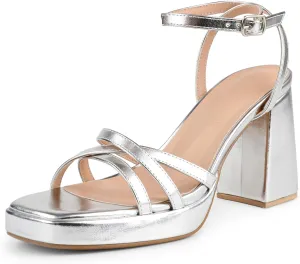 MERUMOTE Women's Summer Block Chunky Heels Classic Square Open Toe Sandals Ankle Strap Shoes For Wedding Party