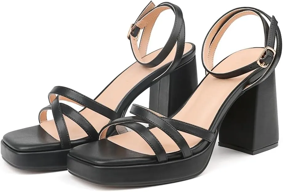MERUMOTE Women's Summer Block Chunky Heels Classic Square Open Toe Sandals Ankle Strap Shoes For Wedding Party